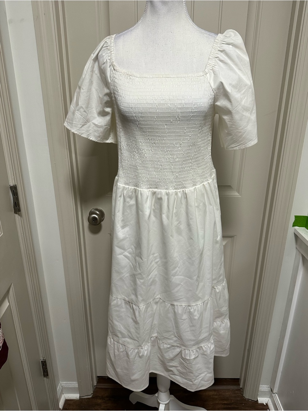 Smocked Square-Neck White Midi Dress with Puff Sleeves